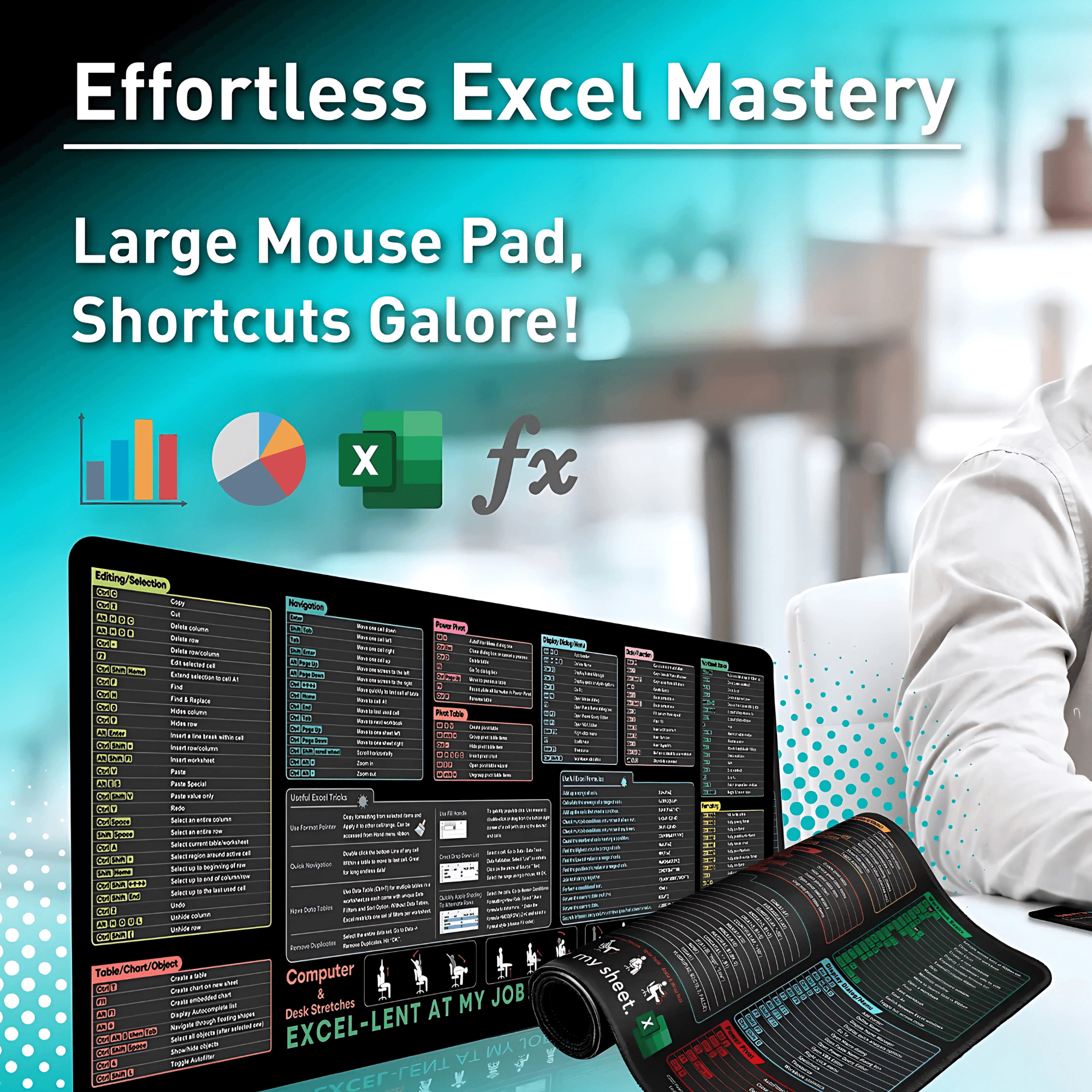 Excel Shortcut Keys Desk Mat Gaming Mousepad Cheat Sheet | Rebooters