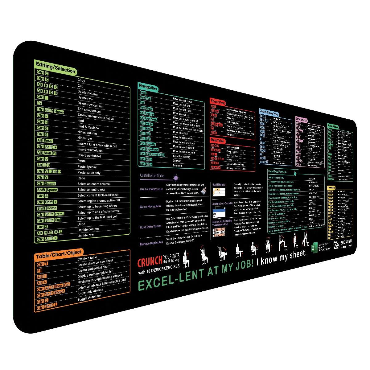 Excel Shortcut Keys Desk Mat – XL Gaming Mousepad with Cheat Sheet | Non-Slip Spreadsheet Keyboard Mat - Rebooters
