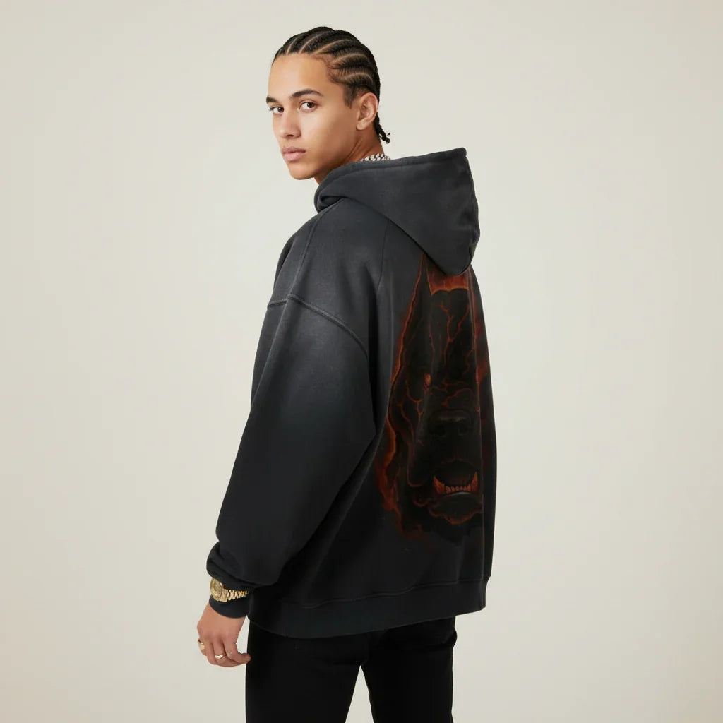 Black hoodie with a red and orange Pitbull design on the back against a white background | Rebooters