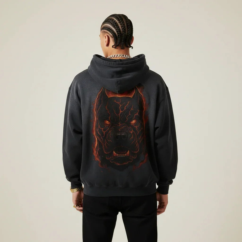 Black hoodie with a red and orange Pitbull design on the back against a white background | Rebooters