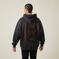 Black hoodie with a red and orange Pitbull design on the back against a white background | Rebooters
