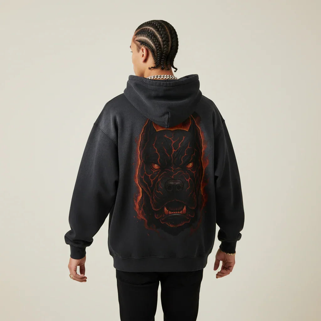 Black hoodie with a red and orange Pitbull design on the back against a white background | Rebooters