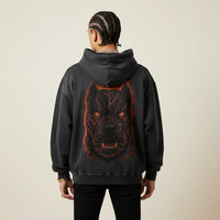 Black hoodie with a red and orange Pitbull design on the back against a white background | Rebooters