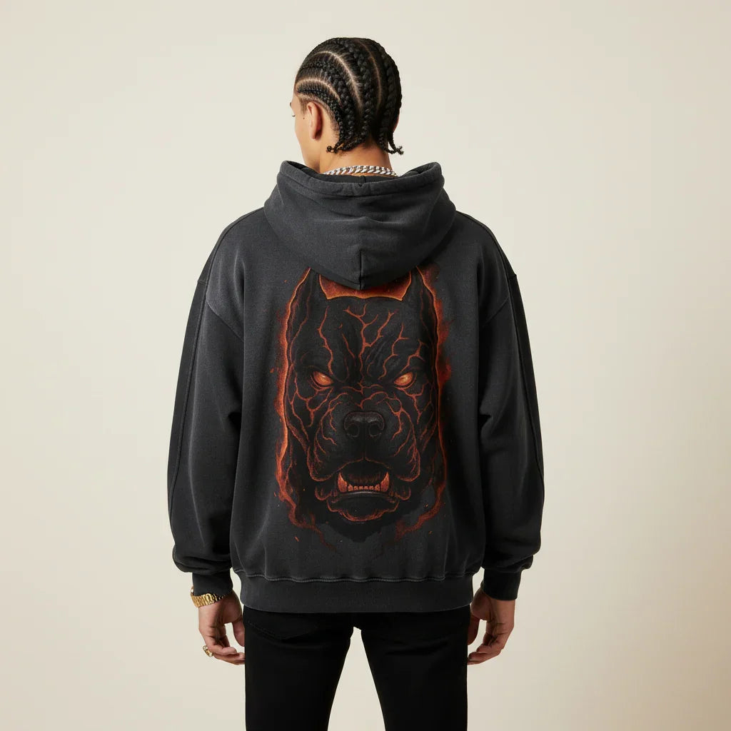 Black hoodie with a red and orange Pitbull design on the back against a white background | Rebooters