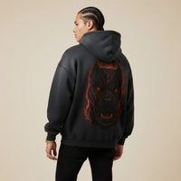 Black hoodie with a red and orange Pitbull design on the back against a white background | Rebooters