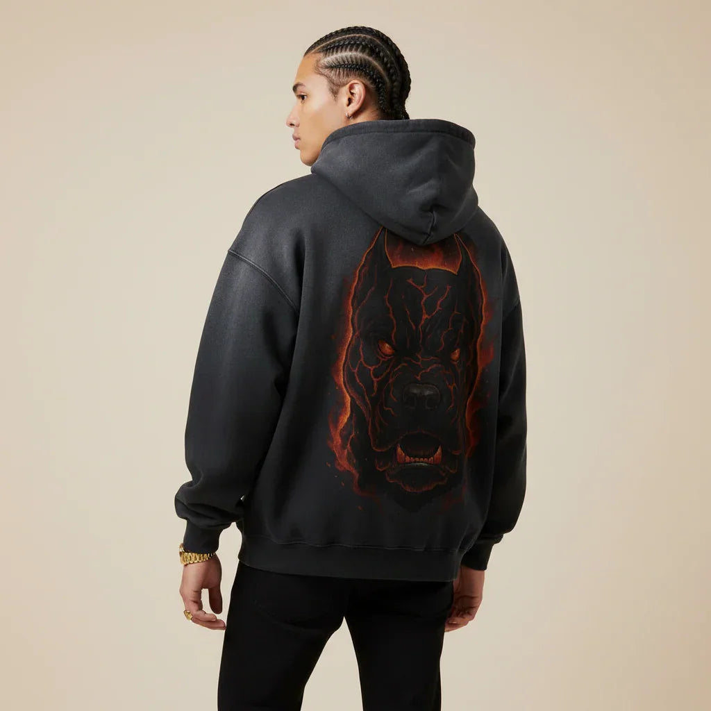 Black hoodie with a red and orange Pitbull design on the back against a white background | Rebooters