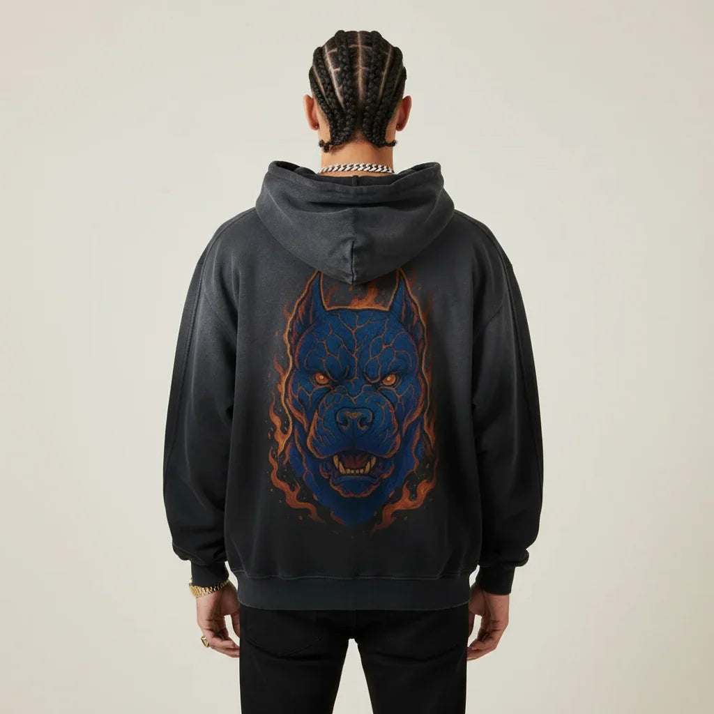 Black Pitbull hoodie with a blue and orange Pitbull graphic on the back against a plain background | Rebooters