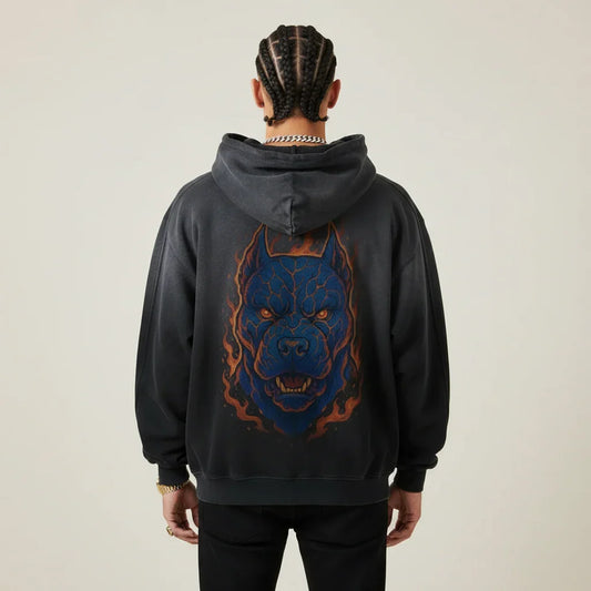 Black Pitbull hoodie with a blue and orange Pitbull graphic on the back against a plain background | Rebooters