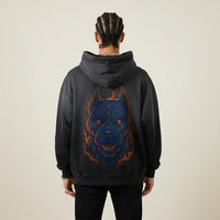 Black Pitbull hoodie with a blue and orange Pitbull graphic on the back against a plain background | Rebooters