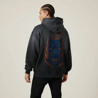 Black Pitbull hoodie with a blue and orange Pitbull graphic on the back against a plain background | Rebooters