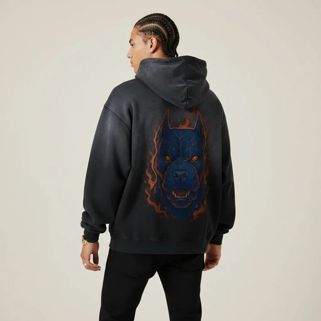 Black Pitbull hoodie with a blue and orange Pitbull graphic on the back against a plain background | Rebooters