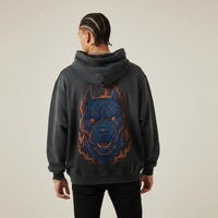 Black Pitbull hoodie with a blue and orange Pitbull graphic on the back against a plain background | Rebooters