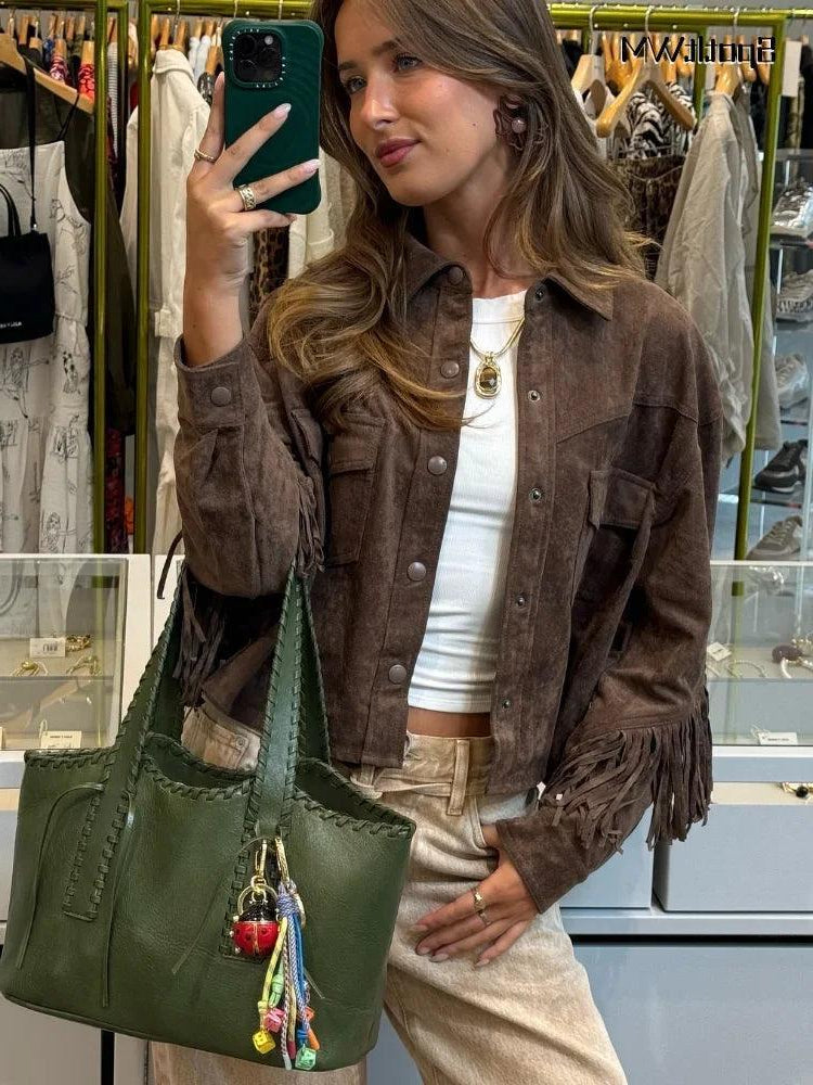Giana Women's Vintage Brown Suede Leather Jacket with Stylish Tassels - Rebooters