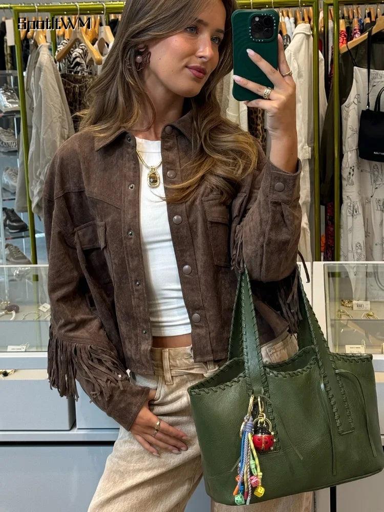 Giana Women's Vintage Brown Suede Leather Jacket with Stylish Tassels - Rebooters