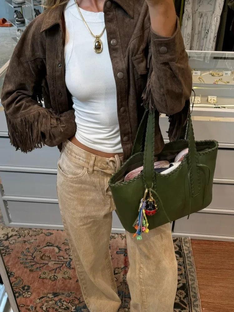 Giana Women's Vintage Brown Suede Leather Jacket with Stylish Tassels - Rebooters