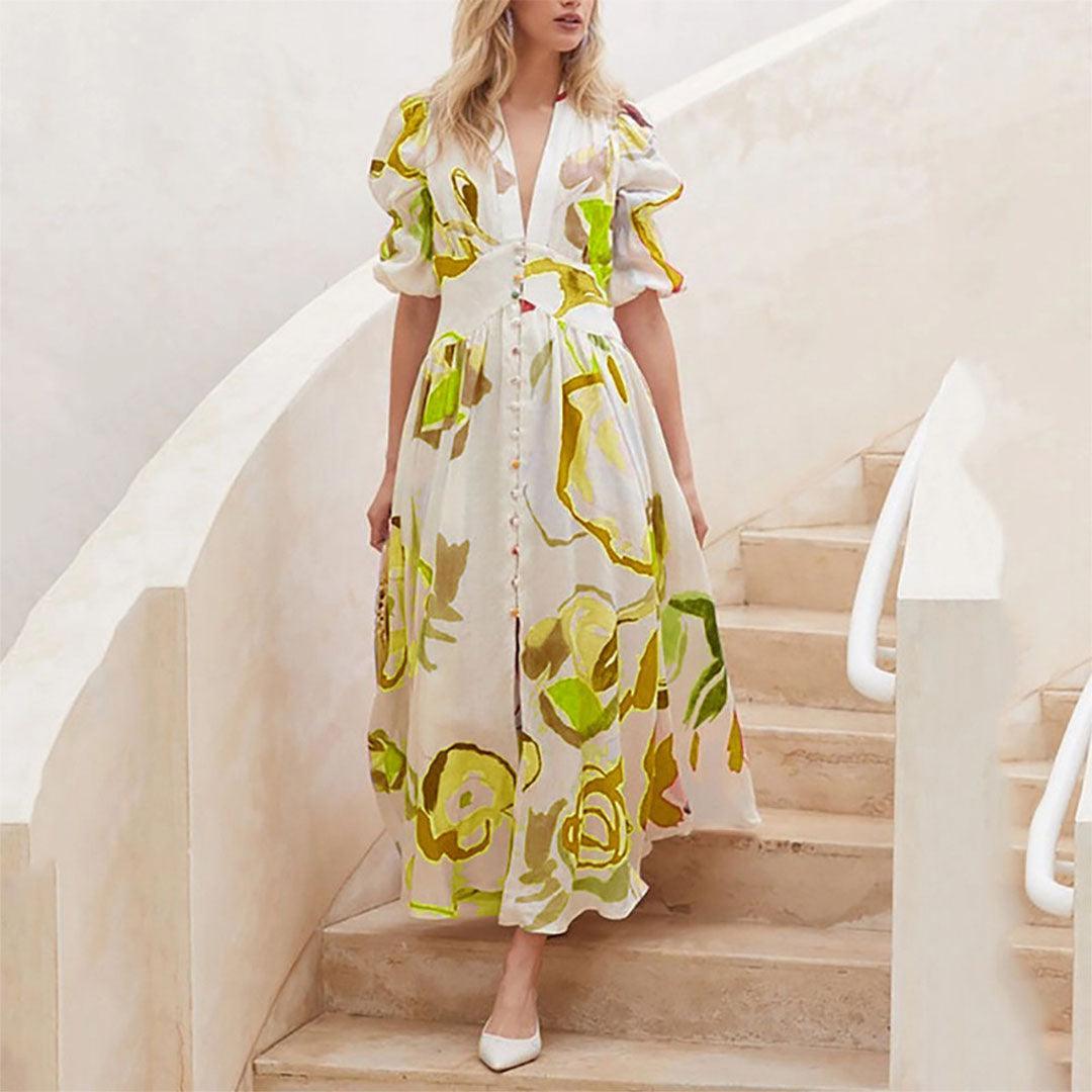 Elegant Irene Women's Maxi Dress with Puff Sleeves and V-Neck Rebooters Maxi Women's Dresses