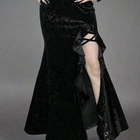 Gothic Velvet Slit Skirt with High Slit and Ribbon Details - Rebooters