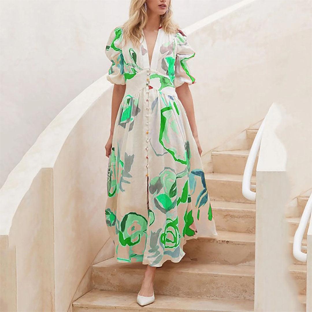 Elegant Irene Women's Maxi Dress with Puff Sleeves and V-Neck Rebooters Maxi Women's Dresses
