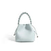 Light blue leather handbag with braided handle and drawstring, minimalist style