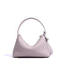 Pastel purple leather handbag with top handle and gold hardware on white background