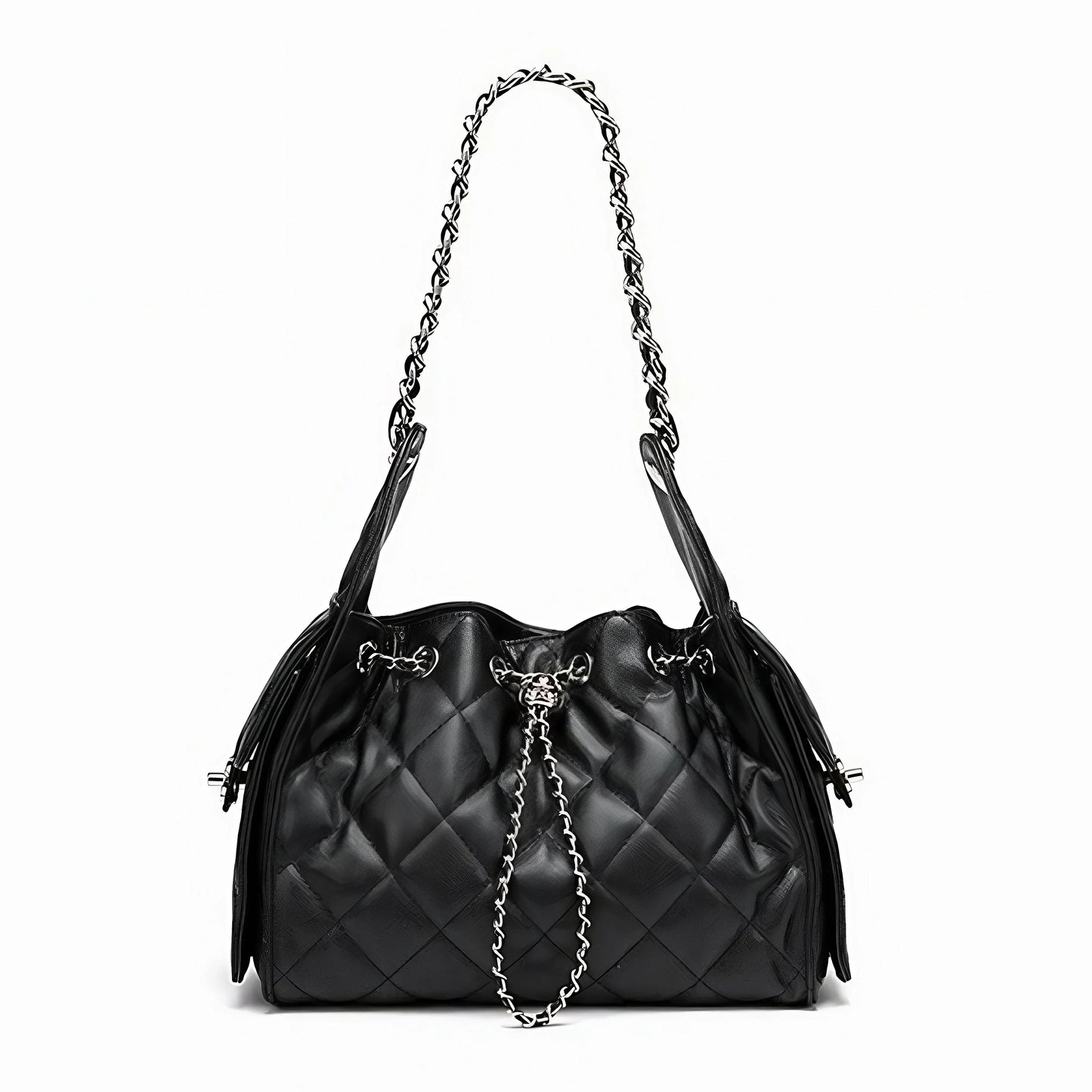 Black quilted leather shoulder bag with chain strap and drawstring closure on white background.