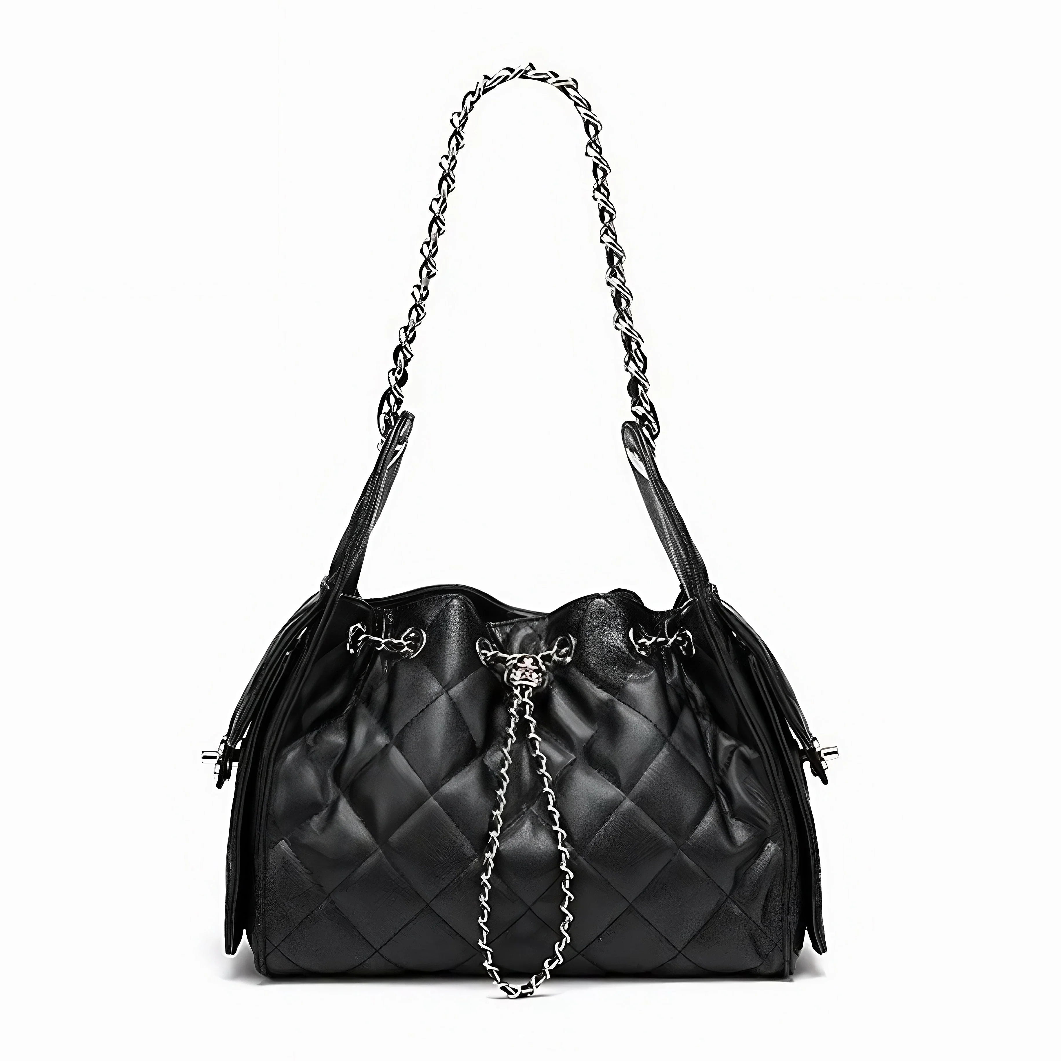Black quilted leather shoulder bag with chain strap and drawstring closure on white background.