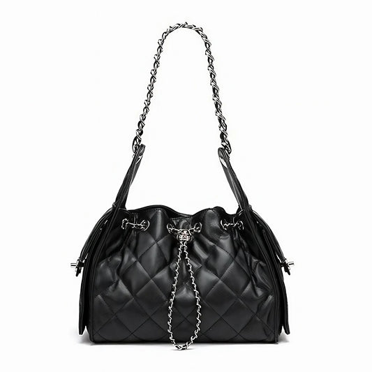 Black quilted leather shoulder bag with chain strap and drawstring closure on white background.