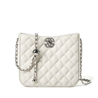 White quilted shoulder bag with silver chain strap and metal logo on front