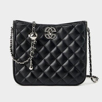 Black quilted leather shoulder bag with chain strap and silver logo on white background
