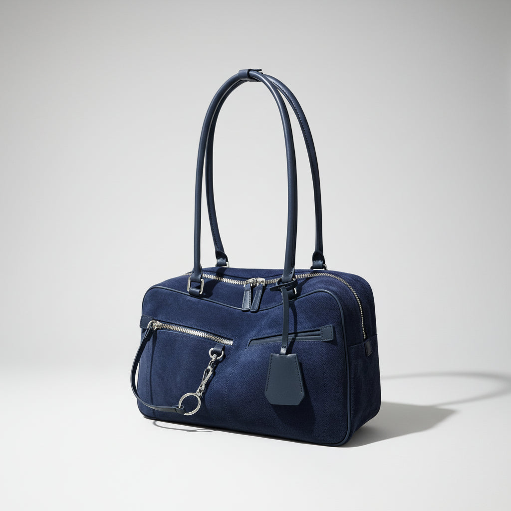Navy blue suede handbag with silver zippers and dual leather handles on a light background
