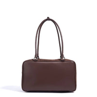 Brown leather rectangular shoulder bag with double straps on white background