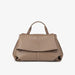 Taupe leather handbag with top handle and front flap on white background