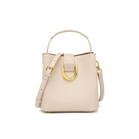 Beige leather handbag with gold buckle, top handle, and crossbody strap on white background