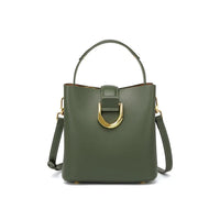 Olive green leather handbag with gold buckle, top handle, and detachable strap on white background