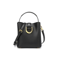 Black leather bucket bag with gold hardware and adjustable shoulder strap on white background