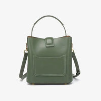 Olive green leather bucket bag with top handle, front pocket, and detachable shoulder strap
