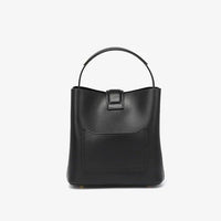 Black leather bucket bag with top handle and front pocket on white background