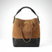 Brown suede and black leather quilted bucket bag with gold chain strap and top handle