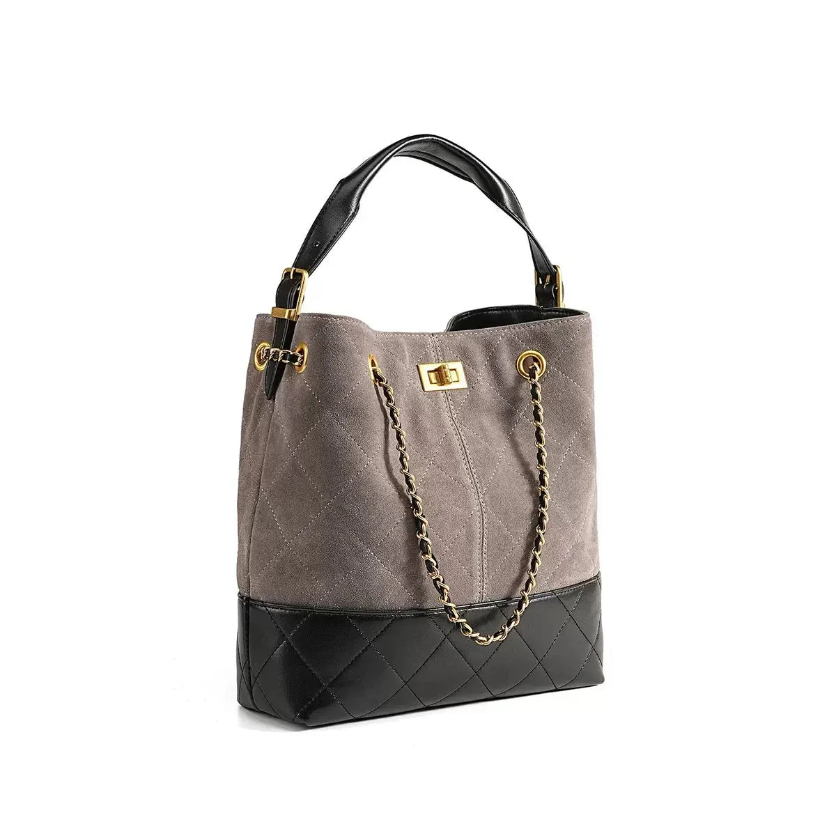 Quilted gray and black bucket handbag with gold chain strap and leather handle