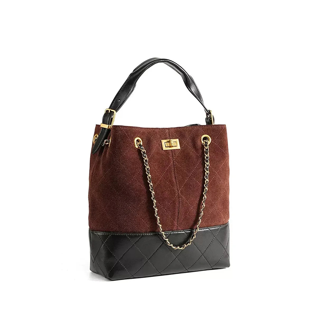 Brown and black quilted bucket bag with gold chain strap and black leather handle