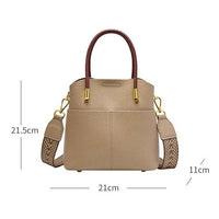 Beige leather handbag with brown handles, gold hardware, braided strap, and size dimensions