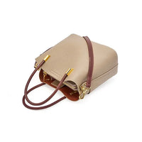 Beige leather handbag with gold hardware and brown straps on white background