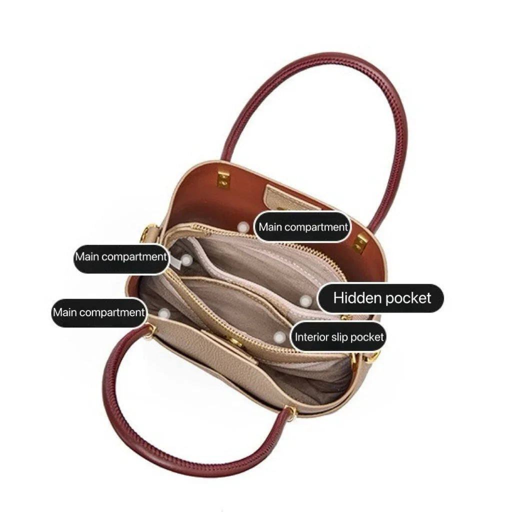 Open brown handbag with labeled main compartments, hidden pocket, and interior slip pocket
