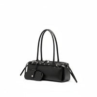 Black leather barrel shoulder bag with double handles and matching key pouch, white background