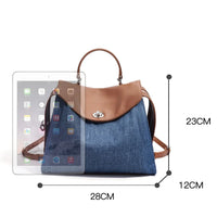 Denim and brown leather backpack with handle, size 28x23x12cm, compared to a tablet