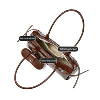 Brown leather handbag with labeled main compartment, hidden pocket, and interior slip pocket