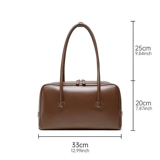 Brown leather shoulder bag with double handles and dimensions 33x20x25cm