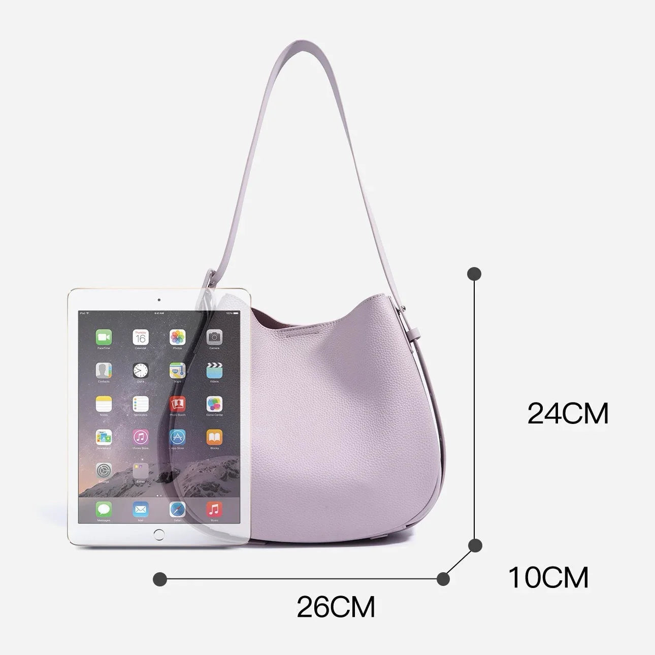 Light purple shoulder bag with iPad for scale, bag size 26x24x10 cm on white background