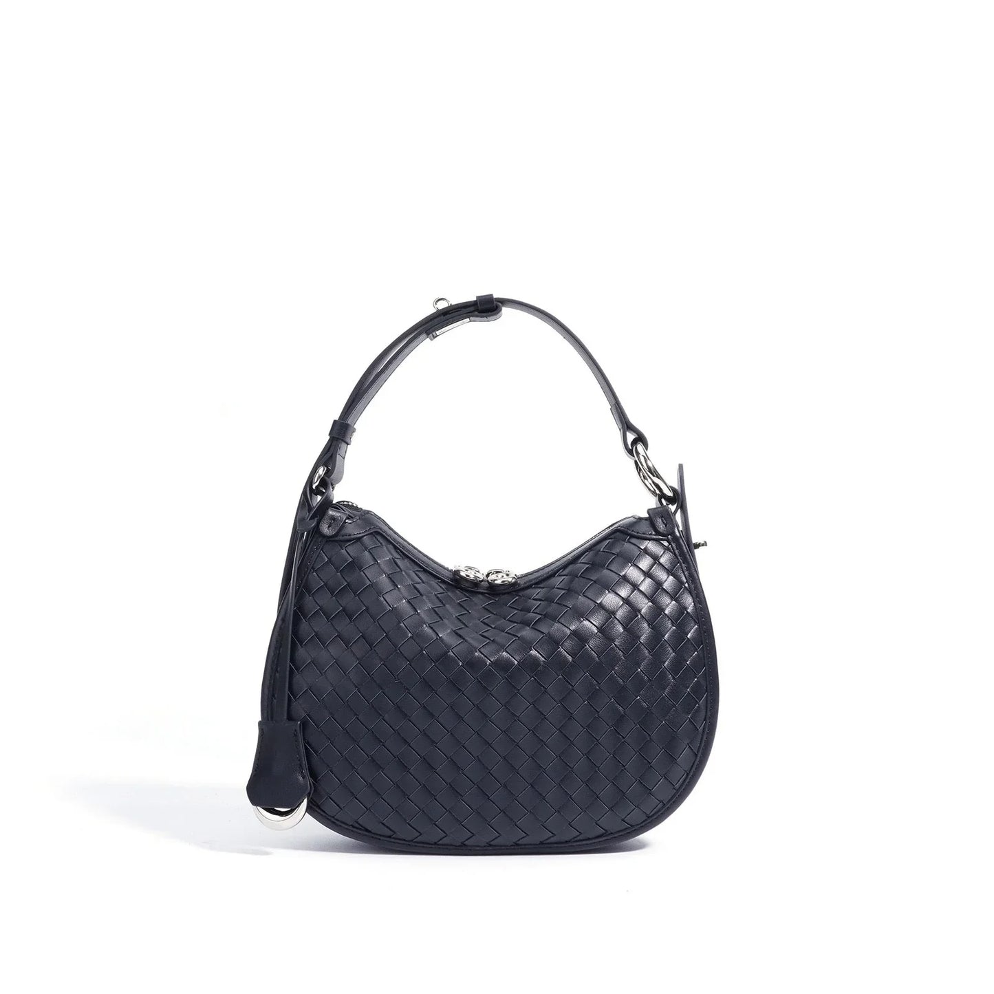 Black woven leather shoulder bag with silver hardware on a white background