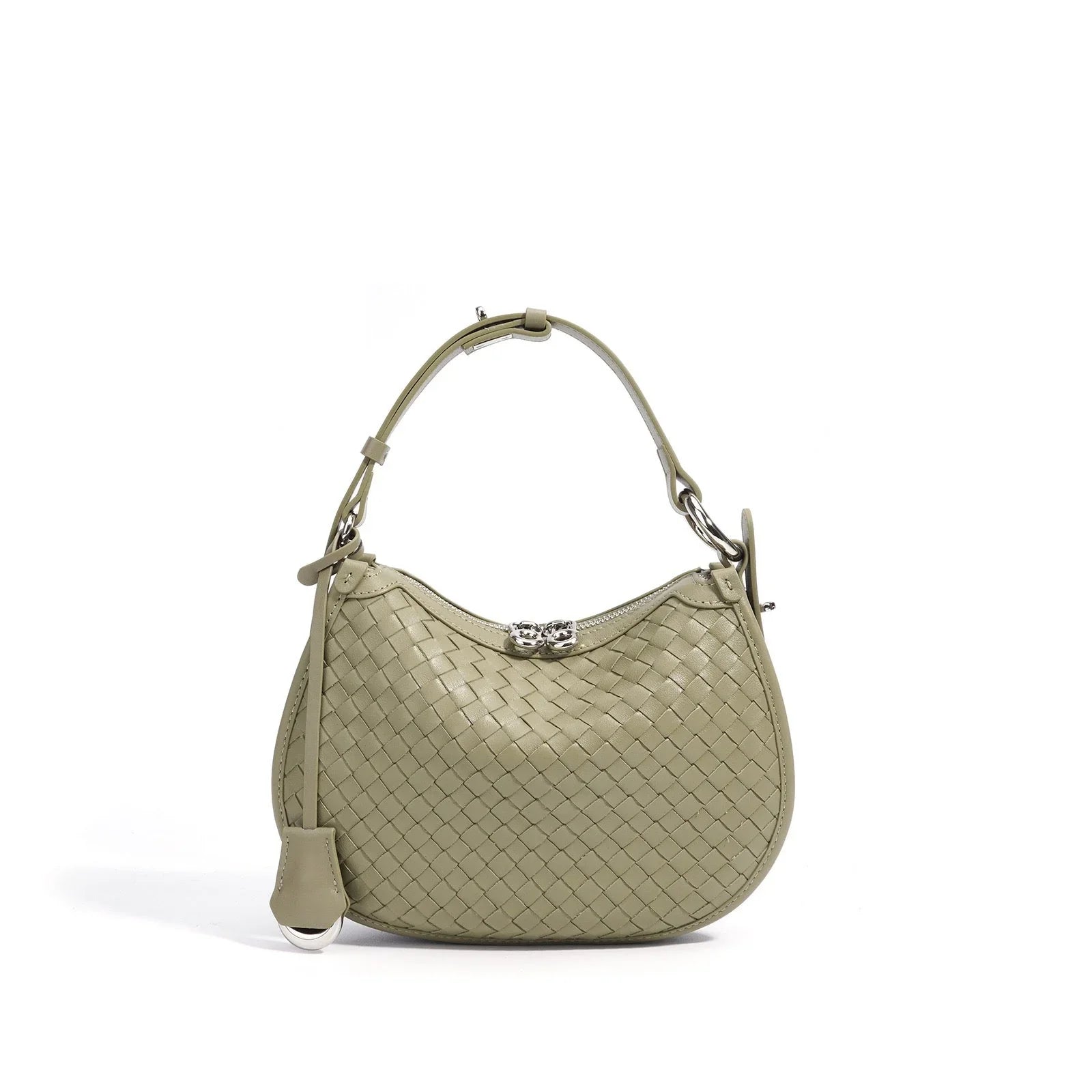 Sage green woven leather shoulder bag with silver hardware on a white background